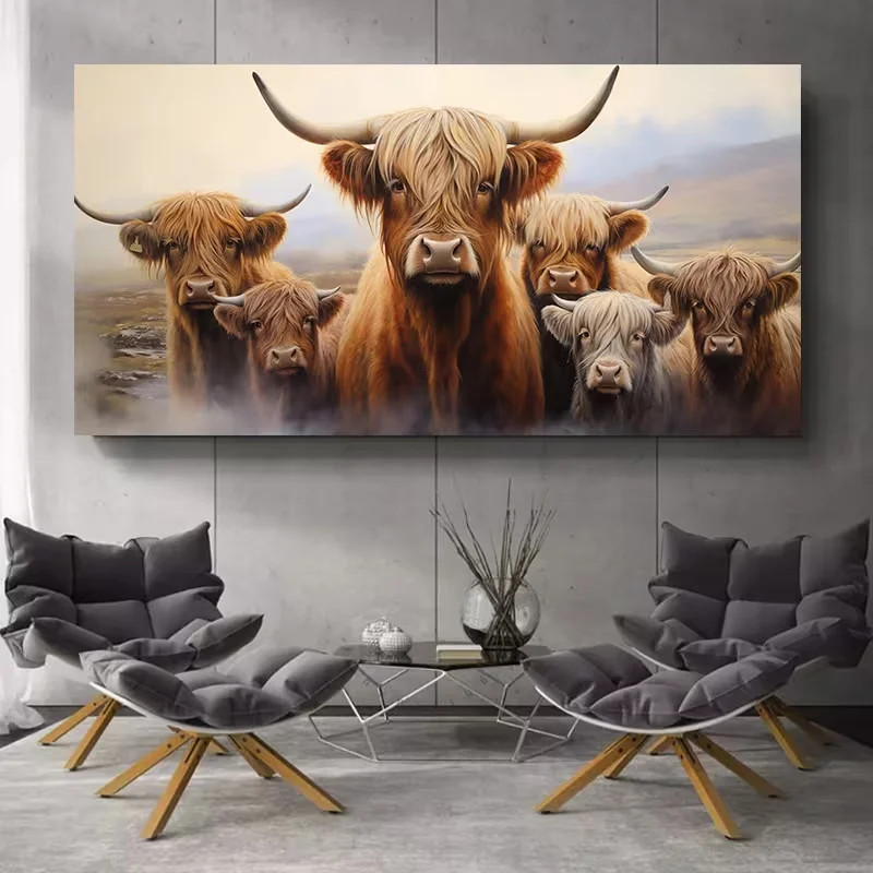 Family of Highland Cows Canvas Painting Wall Picture Canvas Wall Art Home Decor