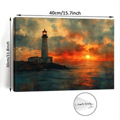 Framed Canvas Vintage Sunset Sea Lighthouse Distressed Coastal Scenery Wall Art