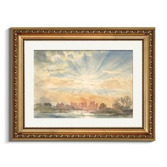 Gold Framed Serene Watercolor Landscape Sunrise, Elegant Coastal Wall Art for…