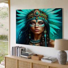 Native American Woman with Turquoise Feather Headdress Canvas Wall Art Print
