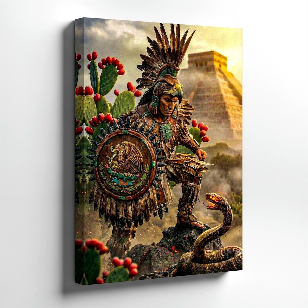 Wall Art Aztec Warrior Eagle Headdress Snake Pyramid Cactus Mexico Poster Print