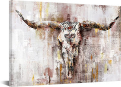Rustic Longhorn Cow Canvas Wall Art – 24×36″ Western Farmhouse Decor