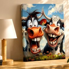 Wall Art Funny Cartoon Cows Print Laughing Farm Animal Canvas Home Decor Poster