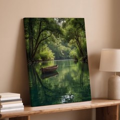 Serene River Landscape Canvas Art With Wooden Boat And Lush Green Trees Print
