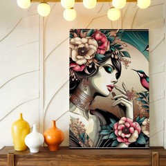 Wall Art Art Nouveau Woman Floral Portrait with Hummingbirds Decorative Print