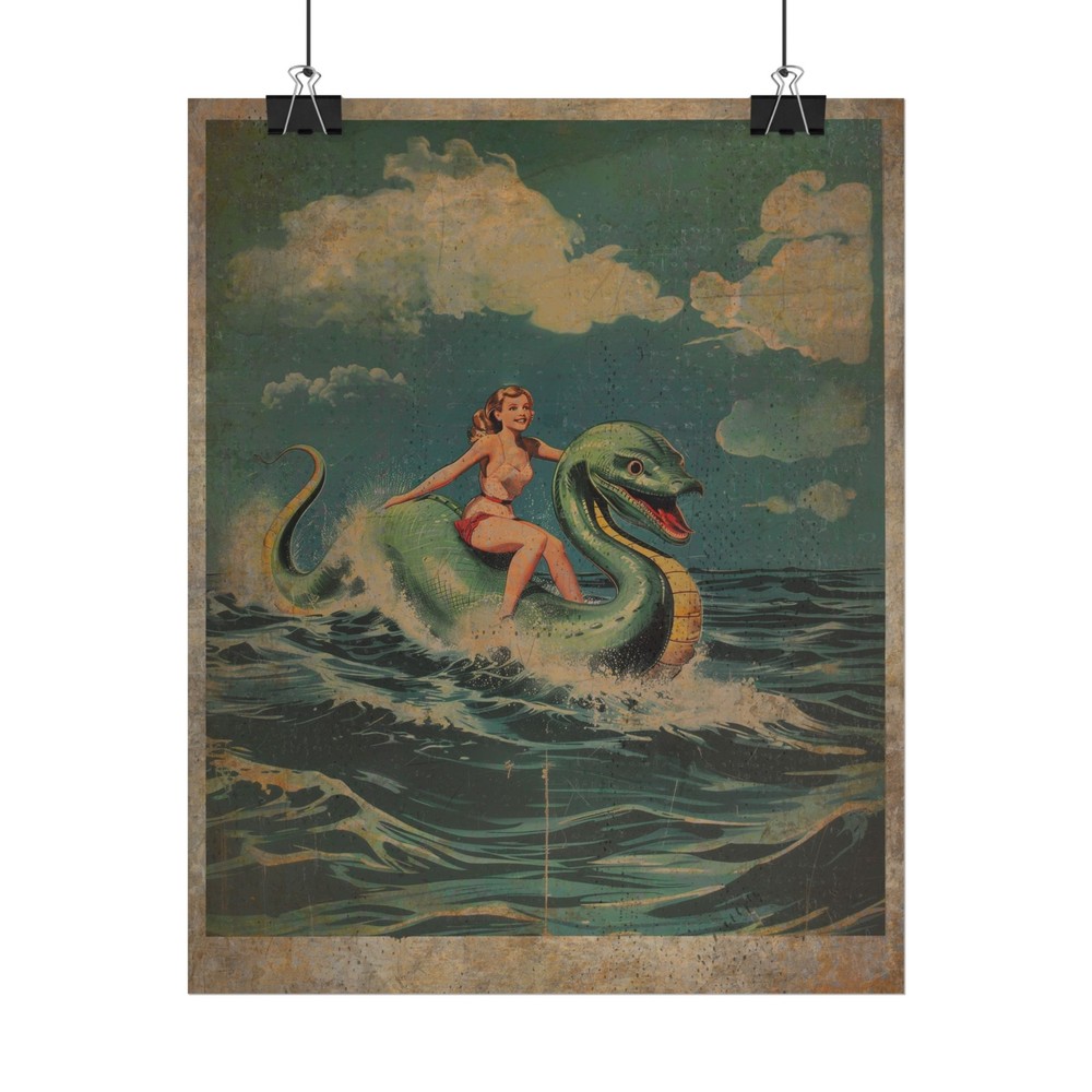 LOCH NESS MONSTER Art, Vintage Girl Riding Nessie Poster, Retro Cryptid Ocean