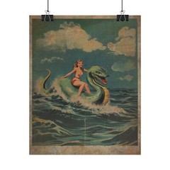 LOCH NESS MONSTER Art, Vintage Girl Riding Nessie Poster, Retro Cryptid Ocean