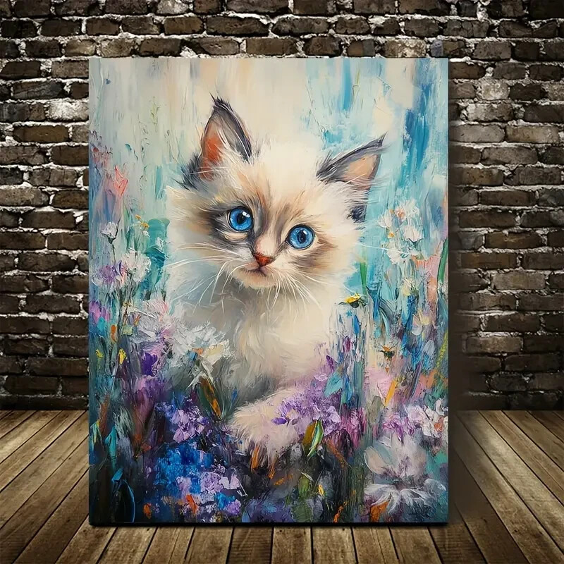 Cute Ragdoll Kitten with Flowers & Plants Painting Metal Print Ready to Hang