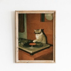 DJ Cat Vinyl Poster Retro Turntable Music Wall Art Print Vintage Decor Gift Font