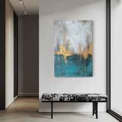 Abstract Gold Teal Gray Painting Print, Framed Canvas Wall Art Modern Elegant