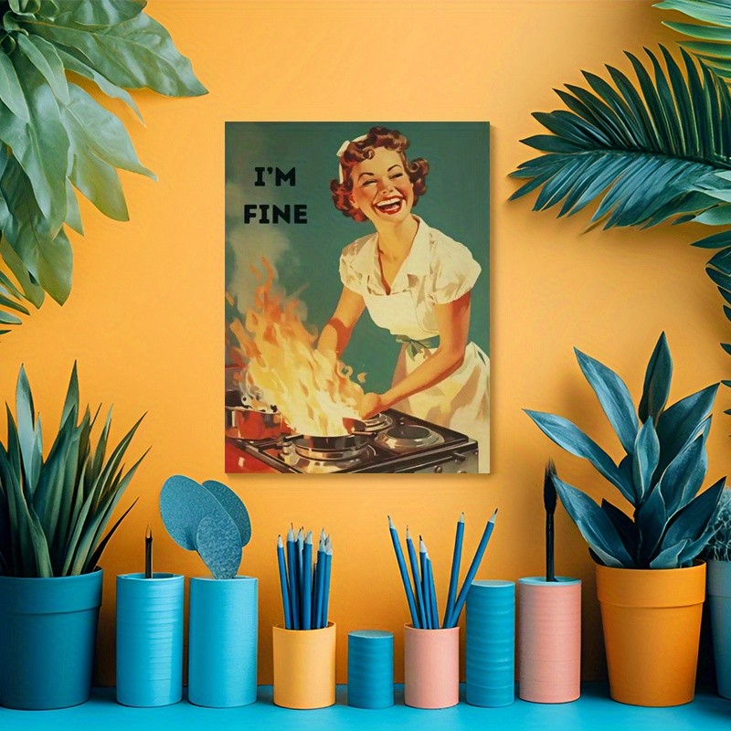 Canvas Art Retro Housewife I’m Fine Burning Pan Funny Kitchen Wall Decor