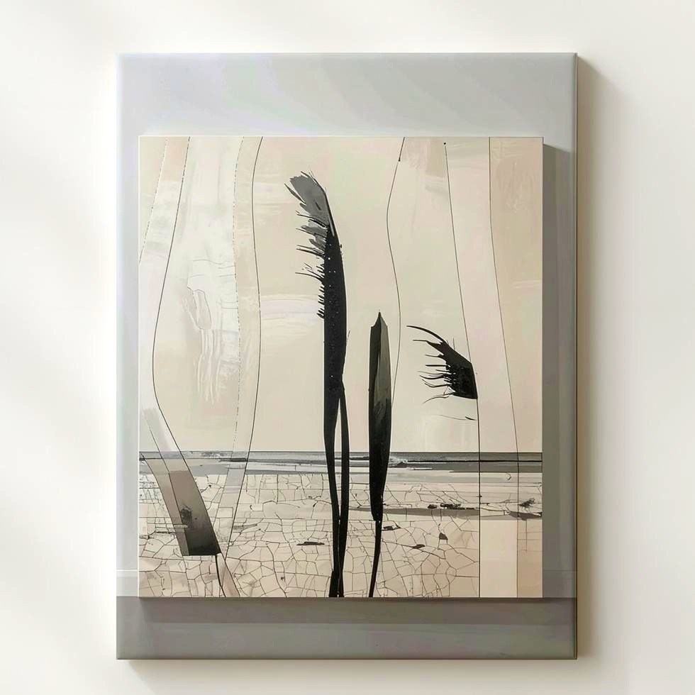 Modern Abstract Canvascurved Black Shapes On Cracked Beige Background Wall Art