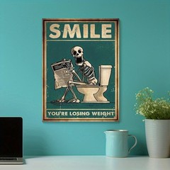 Canvas Art Skeleton On Toilet SMILE Humor Bathroom Vintage Wall Decor