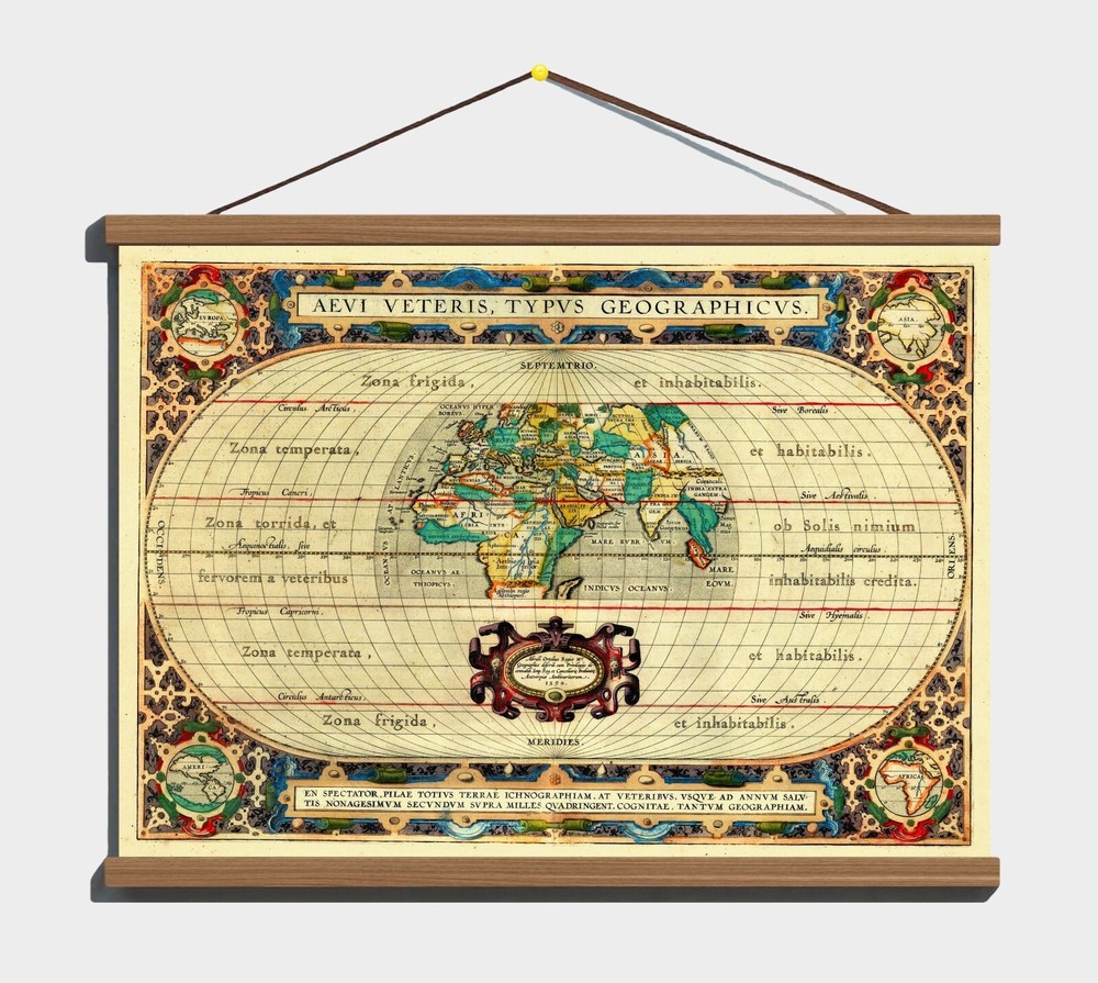 Ancient 1590 Old Antique World Maps; 100% Cotton Canvas, Magnetic Wooden Hanger
