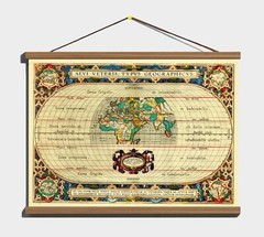 Ancient 1590 Old Antique World Maps; 100% Cotton Canvas, Magnetic Wooden Hanger