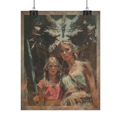 Vintage DRAGON SLAYER Wall Art, Mother Daughter Fantasy Decor, Sword Girl Poster