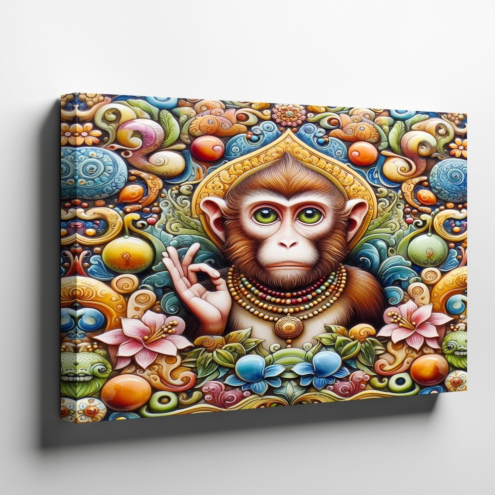 Colorful Spiritual Monkey with Ornamental Floral Design Abstract Wall Art Print