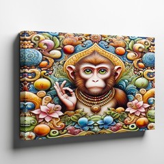 Colorful Spiritual Monkey with Ornamental Floral Design Abstract Wall Art Print