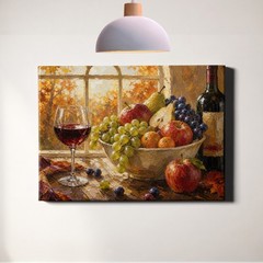 Fruit Still Life With Wine Wall Art Classic Tabletop Painting Style