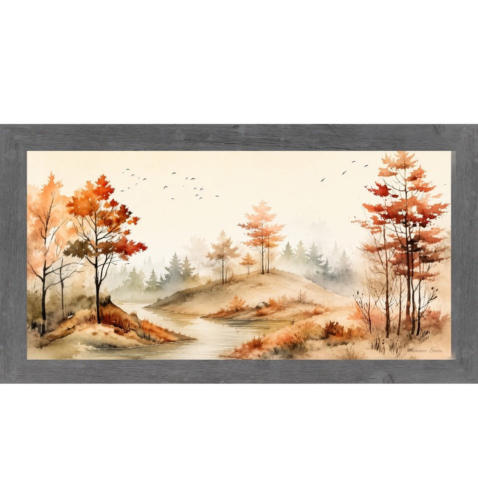 Autumn River Fall Landscape Framed Wall Art Watercolor Wide Farmhouse Scenic Art