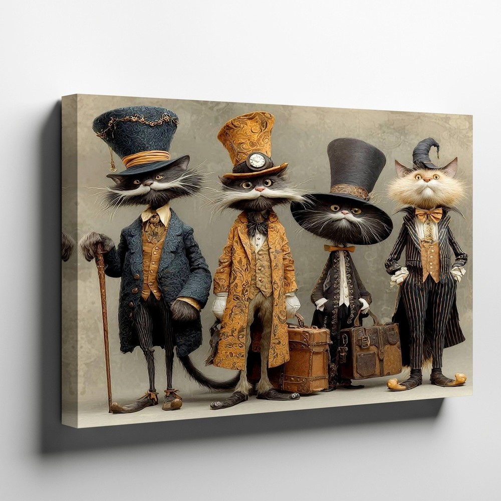 Whimsical Cats in Victorian Attire Canvas Wall Art Vintage Style Home Decor