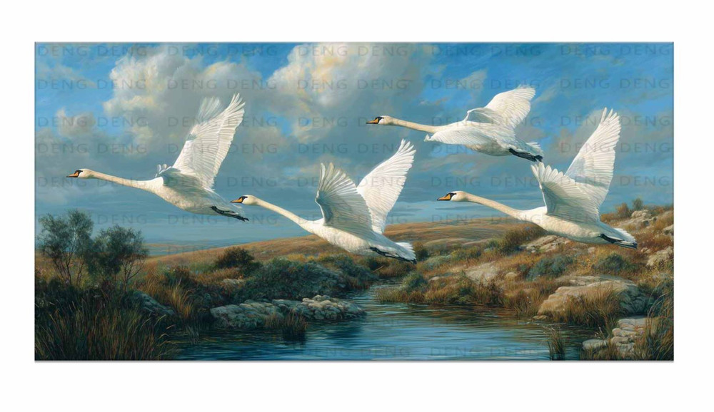 Flying Swans Canvas Print Wildlife Landscape Blue Sky Realistic Bird Wall Art