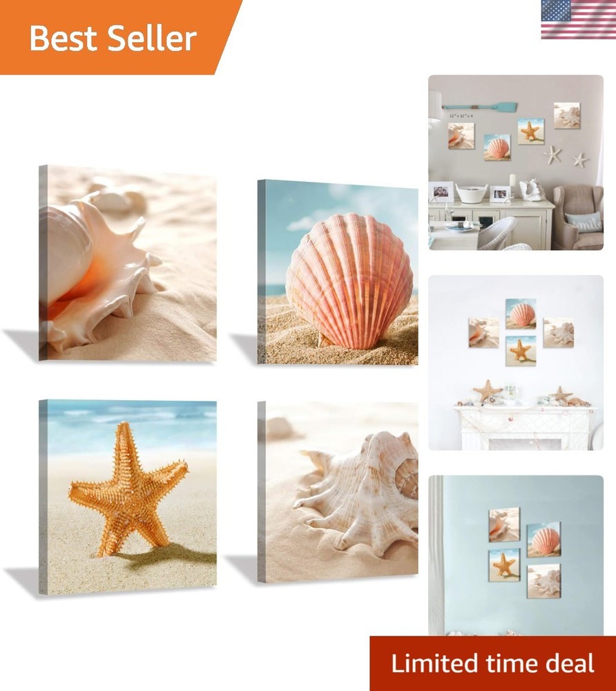 Elegant Beach Seashell Canvas Art: Coastal 4-Panel Wall Décor for Bathrooms