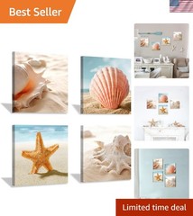 Elegant Beach Seashell Canvas Art: Coastal 4-Panel Wall Décor for Bathrooms