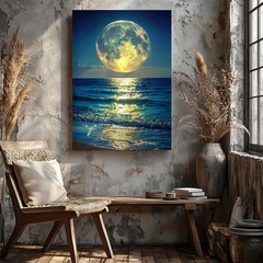 Canvas Wall Art a Luminous Full Moon Rises Over a Calm Ocean at Night Casting