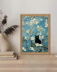 AXILANG Black Cat 10″L x 8″W, Blue Teal White Green Natural Wood Frame