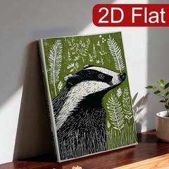 Badger Woodcut Green Canvas Wall Art, Botanical Wildlife Home Decor