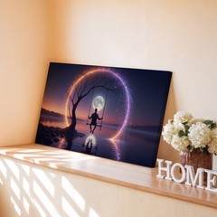 Surreal Moonlight Swing Canvas Wall Art Mystical Tree and Water Reflection Print