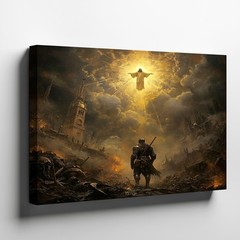 Medieval Warrior Facing Glowing Divine Figure in Dark Apocalyptic Canvas Art