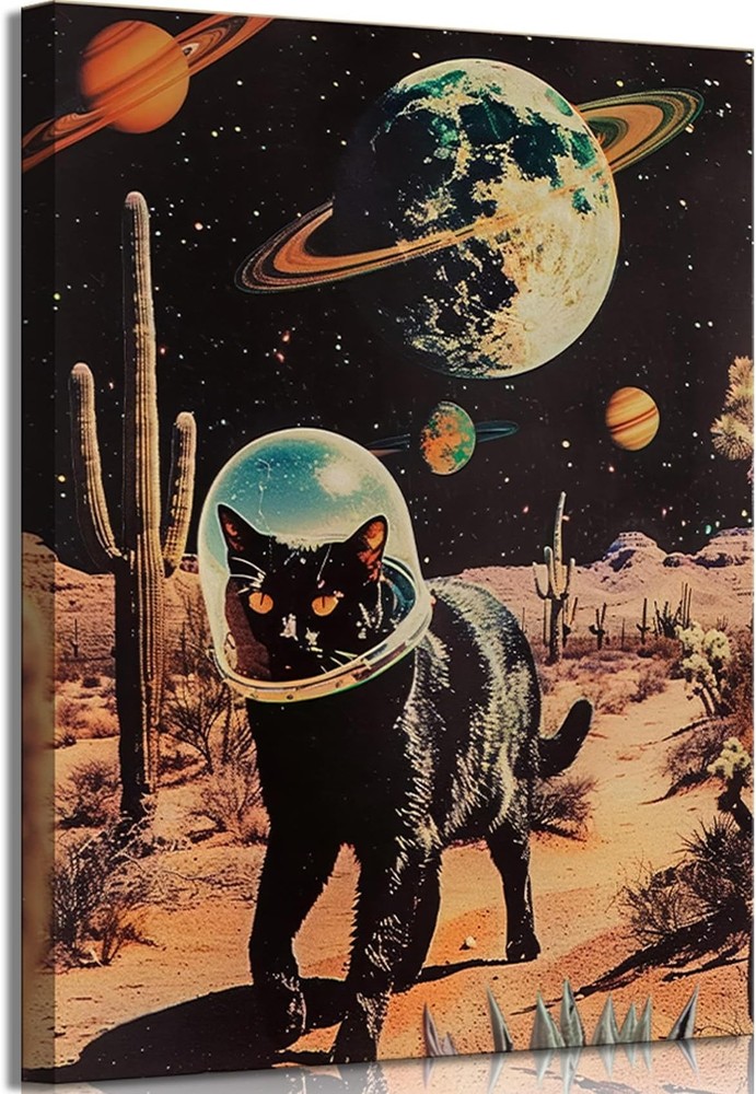 Ijeroain Black Space Cats Wall Art Funny Cat Wall Decor Pictures Cat astronau…