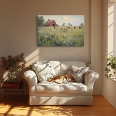 Red Barn Cattle Field Farm Cows Painting Print, Framed Canvas Wall Art Farmhouse
