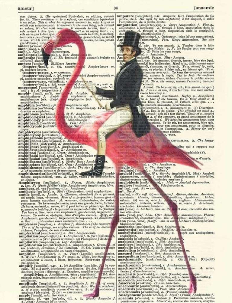 Surreal Man Riding Flamingo Vintage Dictionary Art 24×36 Unframed