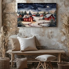 Cozy Winter Village Canvas Wall Art Snowy Red Houses Moonlight Forest Print