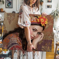 Bohemian Woman Portrait Canvas Wall Art Colorful Headscarf Floral Print Decor