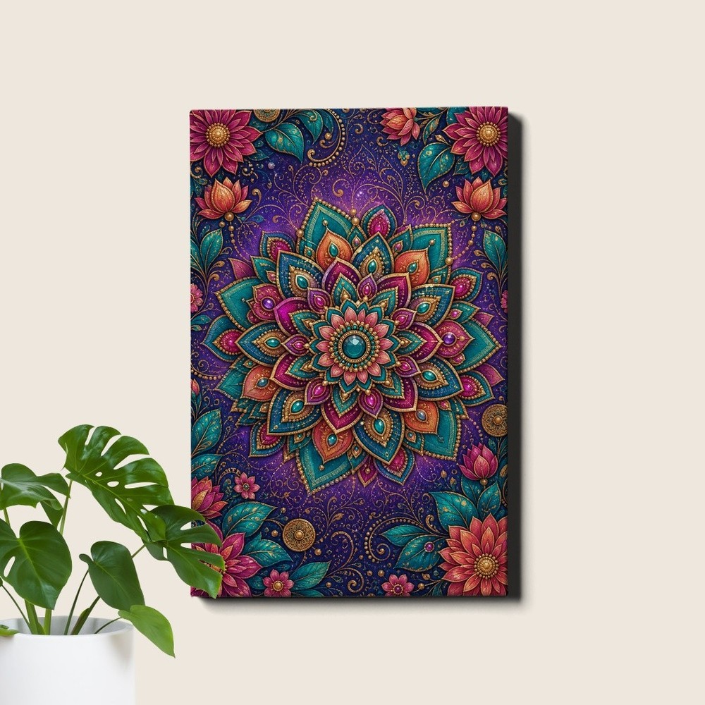Boho floral mandala Canvas Print, abstract symmetrical colorful pattern decor
