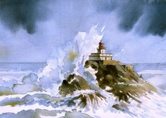 Tillamook Rock Lighthouse, Oregon. Huge storm wave. James Mann Watercolor Prints
