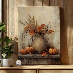 Framed Canvas Vintage Fall Pumpkin Wheat Maple Leaf Pitcher Still Life Wall Art