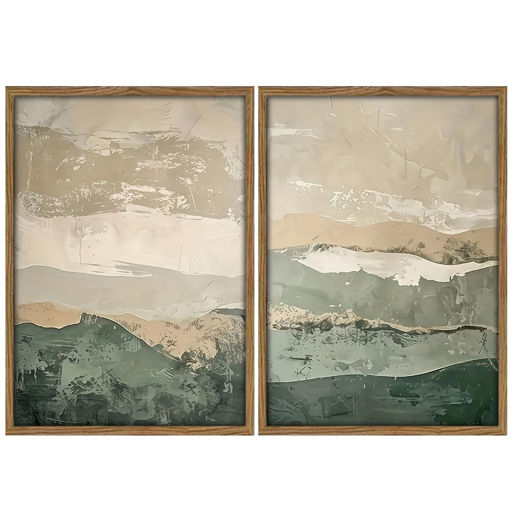 Framed 2Pcs Green Abstract Wall Art with Wood Frame Rustic Landscape Canvas P…