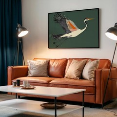 Art Deco Flying Crane Poster Mid Century Modern Bird Wall Art