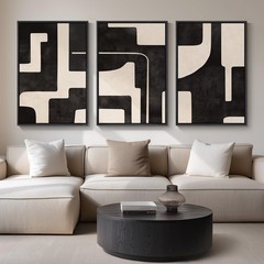 Large Framed Neutral Abstract Wall Art for Living Room, 3 Piece Black Beige C…