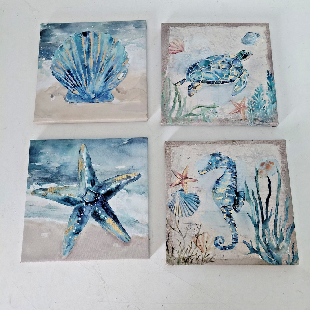 Lot of 4 Starfish Seahorse Turtle Clam Shell Canvas Print Ocean Nautical 8X8