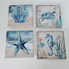 Lot of 4 Starfish Seahorse Turtle Clam Shell Canvas Print Ocean Nautical 8X8