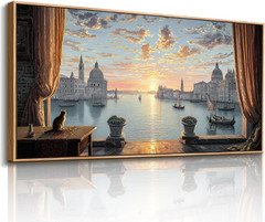 Large Framed Wall Art, Italy Wall Art, Faux Window Wall Decor, Venice Waterfront
