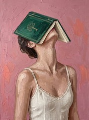 Modern Girl with Green Book Poster Romantic Pink Bedroom Wall Art Canvas Print