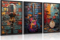 3Pcs Graffiti Musical Instruments Canvas Wall Art Cool Music Theme Posters Pr…