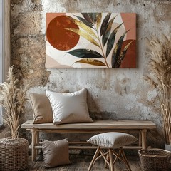 Palm Leaf Canvastropical Botanical Art With Geometric Color Blocks Wall Art